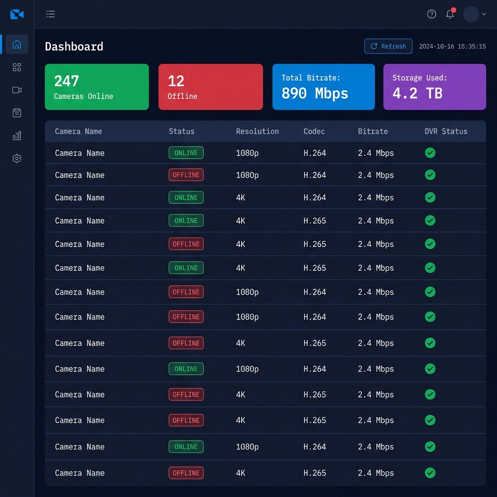 My-VMS fleet health monitoring dashboard with camera status metrics