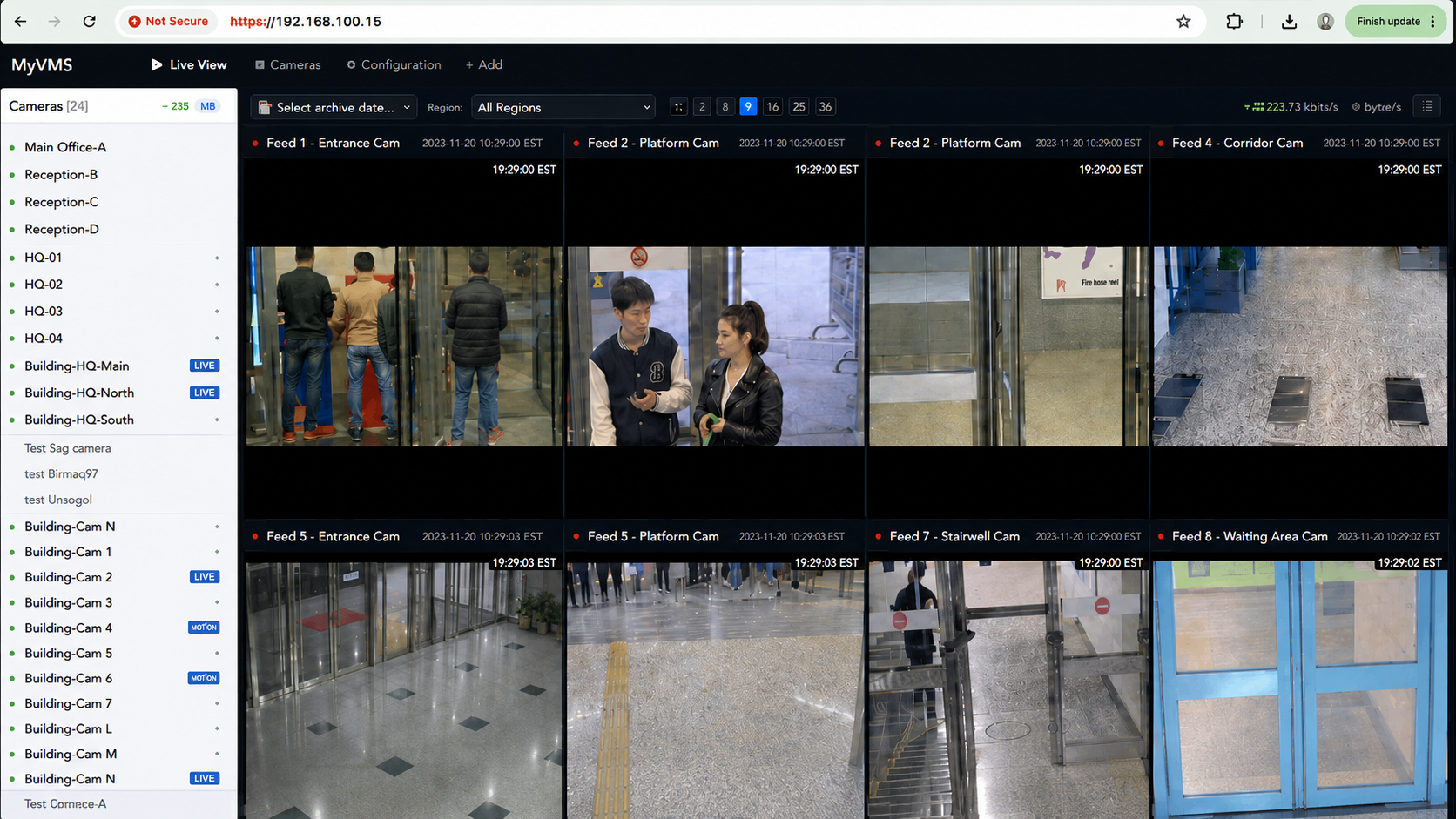 My-VMS real live dashboard showing a multi-camera video grid and camera list